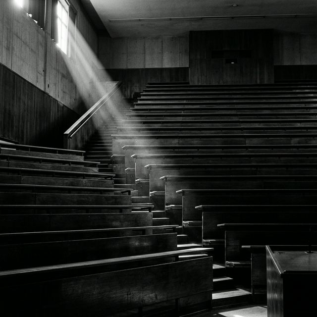 Aula universitaria vuota con fascio di luce drammatico
