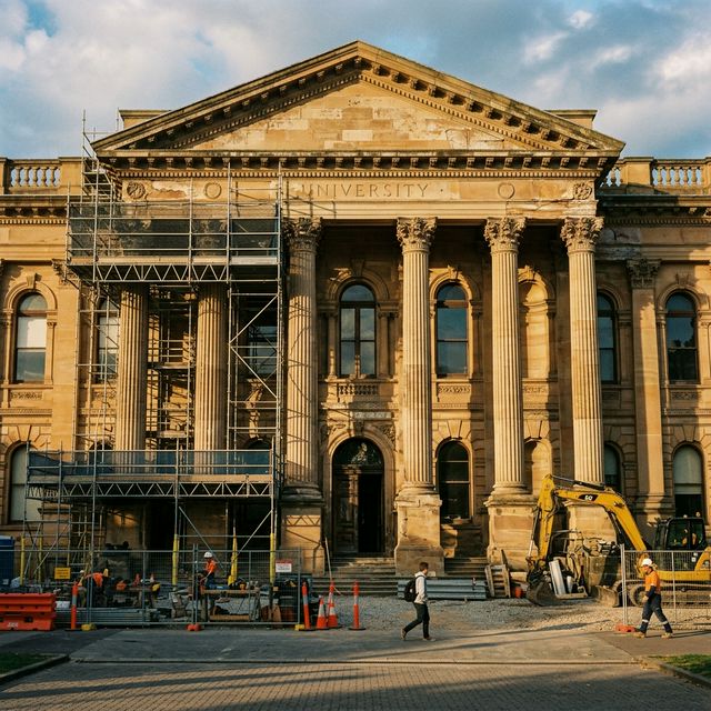 Facciata dell'università con impalcature — Il Paradosso della Dotazione